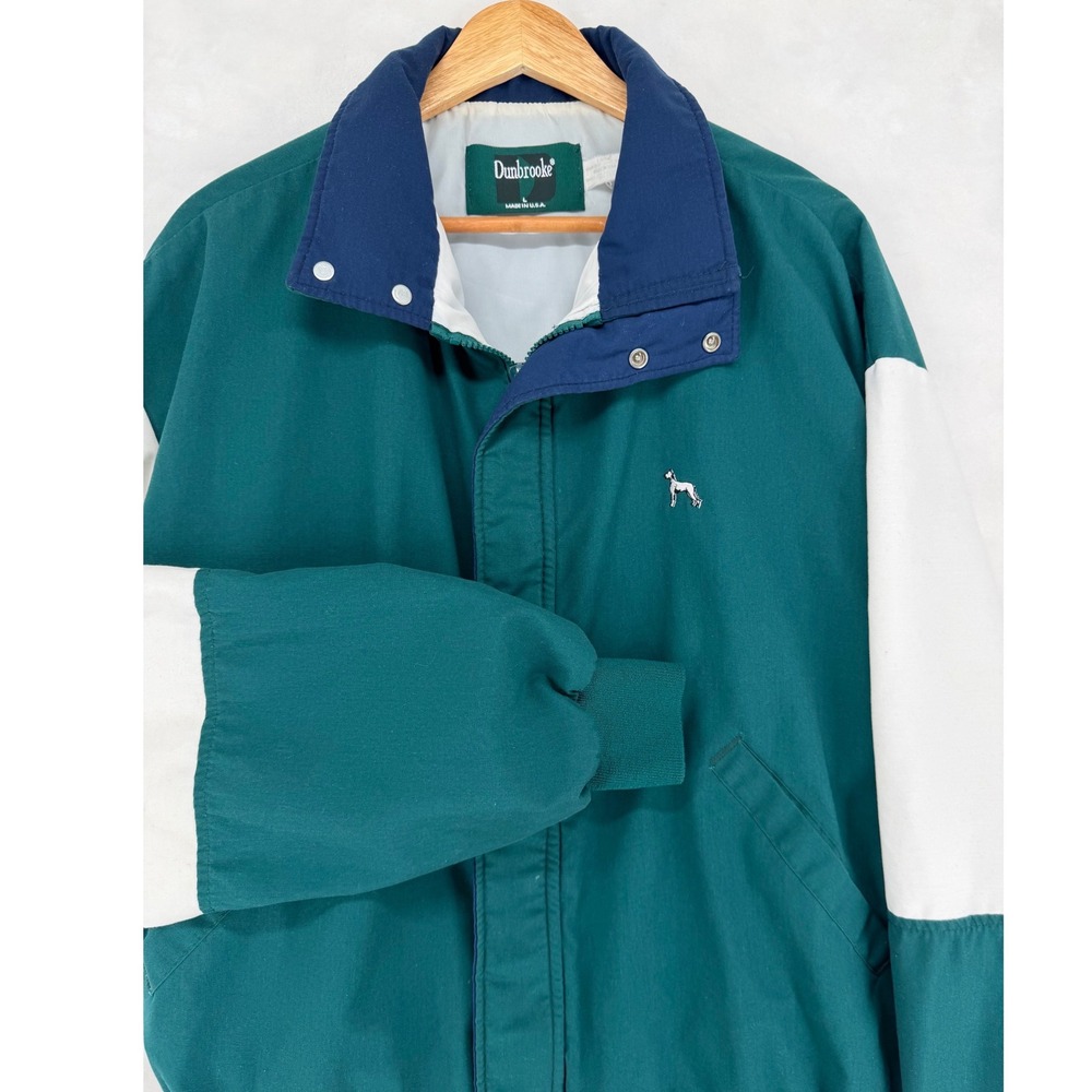 Vintage 90s Dunbrooke L Colorblock Windbreaker Jacket Teal USA Made Dog Logo